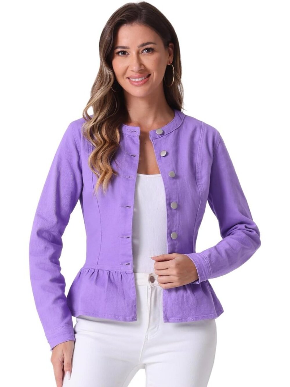 Women's Purple Denim Collarless Round Neck Button Down Cropped Ruffle Hem Jacket